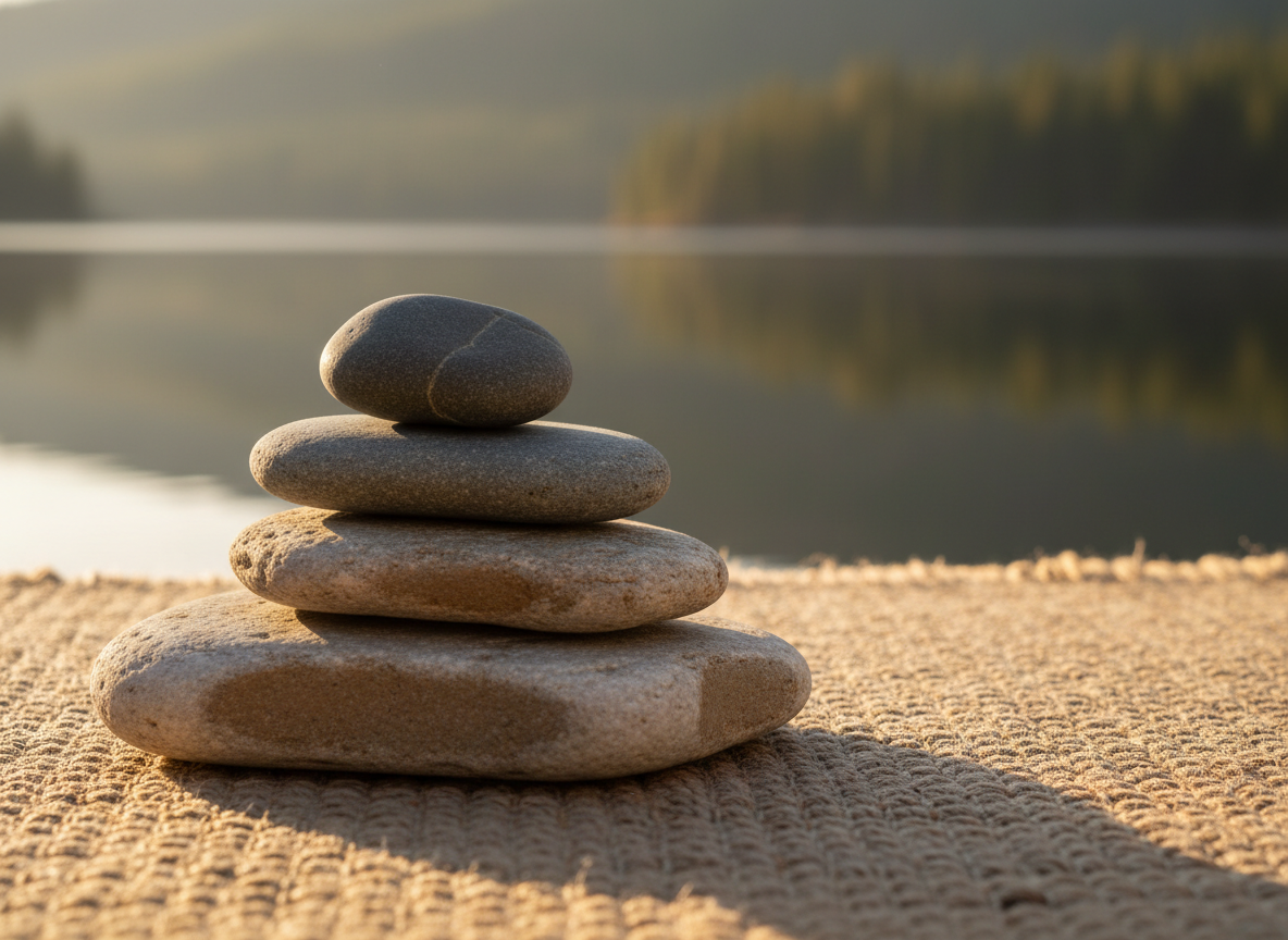 A smooth river stone balanced carefully atop a stack of three slightly larger stones, each with subtle variations of gray and warm beige, resting on a woven natural-fiber mat. In the background, a softly blurred view of a calm lake and distant tree line suggests a tranquil retreat setting. Late afternoon natural light pours in from the left, creating gentle highlights along the curved surfaces and casting soft, elongated shadows. Photographic realism, eye-level composition with shallow depth of field emphasizes the stones as a symbol of mindfulness and balance. The mood is peaceful and grounded, evoking inner calm and stress relief for women seeking life coaching and emotional clarity.