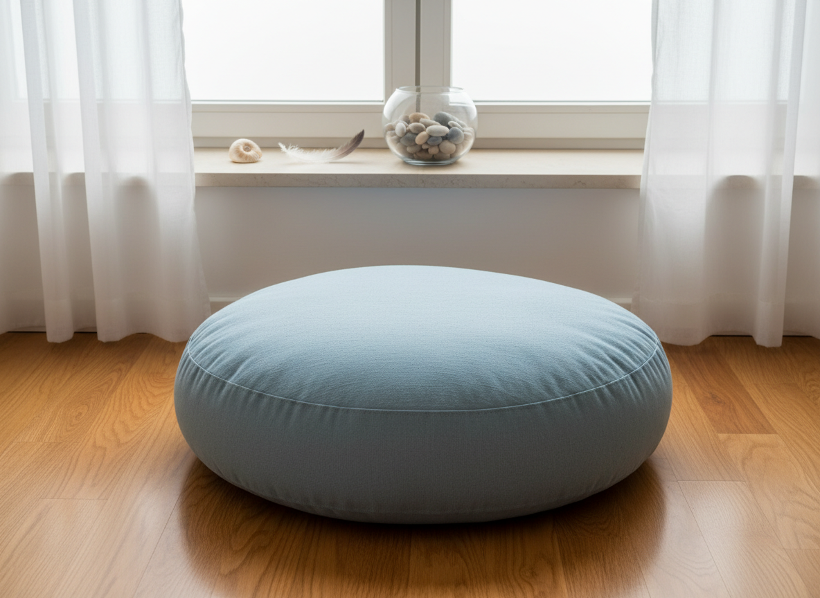 A large, round, pale-blue meditation cushion rests on a warm, honey-toned wooden floor, positioned in front of a low window ledge lined with a few carefully chosen natural objects: a small seashell, a single white feather, and a clear glass bowl filled with smooth pebbles. Diffused overcast daylight filters through sheer white curtains, bathing the space in a soft, even glow with almost no harsh shadows. Photographic realism, centered composition with ample negative space, creating an atmosphere of quiet introspection and emotional safety. The image subtly represents a mindfulness life coaching space, inviting stressed and overwhelmed women to imagine a sanctuary where they can breathe, pause, and reconnect with themselves.