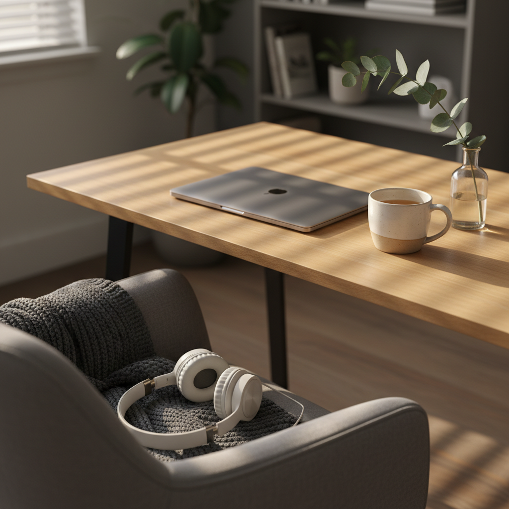 A simple, modern wooden desk is arranged for a virtual coaching session: a sleek, closed laptop sits slightly off-center, flanked by a pale stoneware cup of tea and a small glass vase holding a single eucalyptus branch. A pair of over-ear headphones rests neatly on a folded, textured gray throw, draped over the corner of a soft, upholstered chair. Late afternoon golden light streams through blinds, creating gentle linear patterns across the desk surface and soft reflections on the laptop. Photographic realism, shot from a three-quarter angle with moderate depth of field, conveying a calm, professional, and approachable atmosphere for online mindfulness life coaching tailored to women navigating midlife stress and transition.